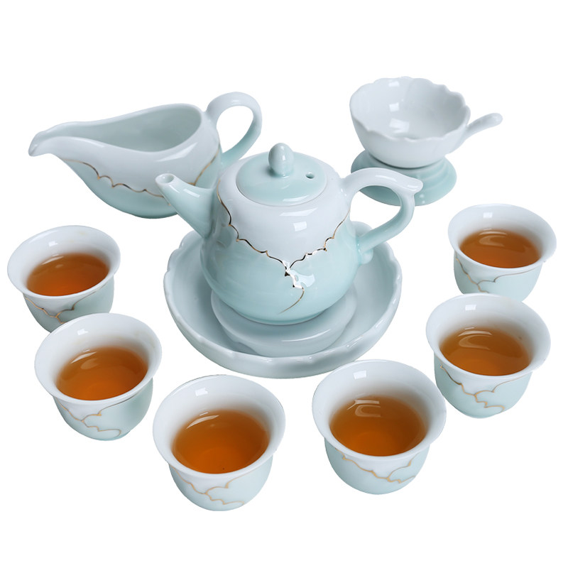 吉祥缘青瓷功夫茶具套装手绘描金陶瓷泡茶器创意防烫整套茶壶茶杯