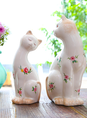 玫瑰小镇 特色手工彩绘情侣陶瓷对猫 实用家居庭院花园装饰摆件