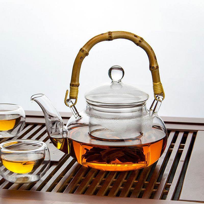 厂家玻璃茶壶复古竹子把提梁壶玻璃茶具加厚耐高温水果红茶壶花茶