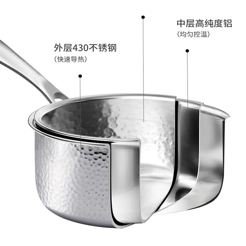 【小钢锤】鹤家印通体钢材手工锻打锤纹奶锅不锈钢小奶锅宝宝辅食