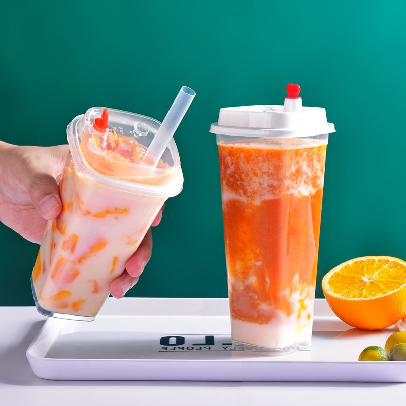 网红创意方形奶茶杯一次性四方果汁饮料打包杯加厚透明注塑杯带盖