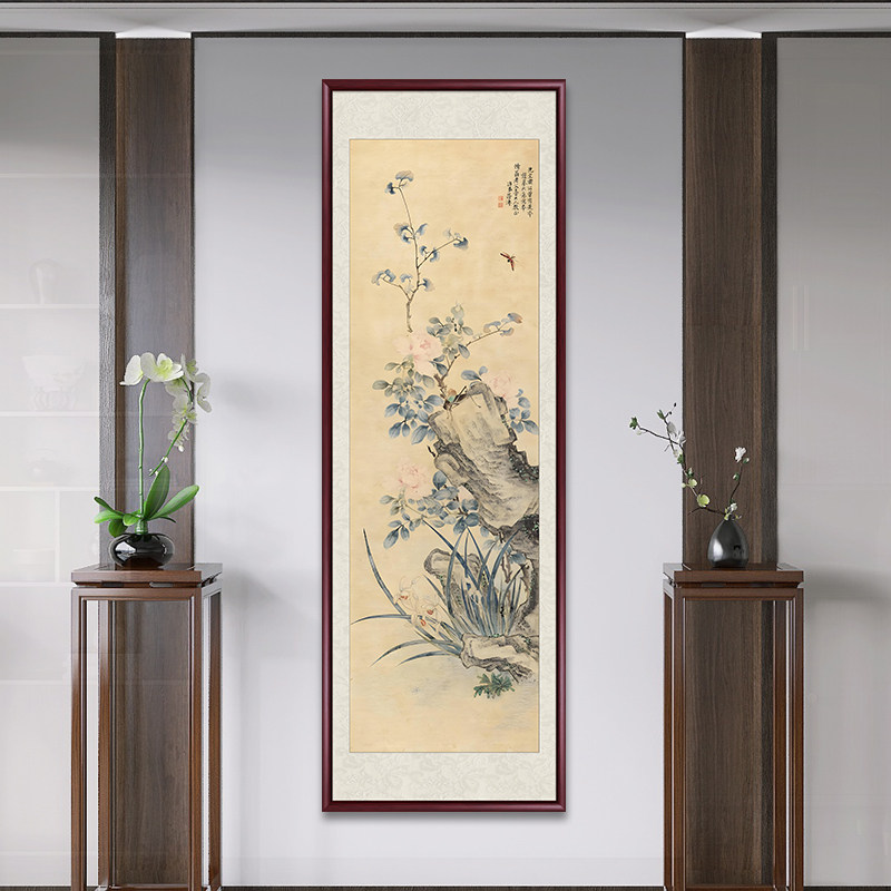 国画兰石图玄关装饰画新中式入户走廊书房挂画竖款客厅茶室背景画