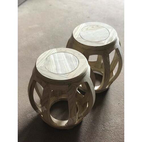 整装款式老榆木实木中式凳子鼓凳圆凳矮凳白茬白坯换鞋凳坐墩古凳