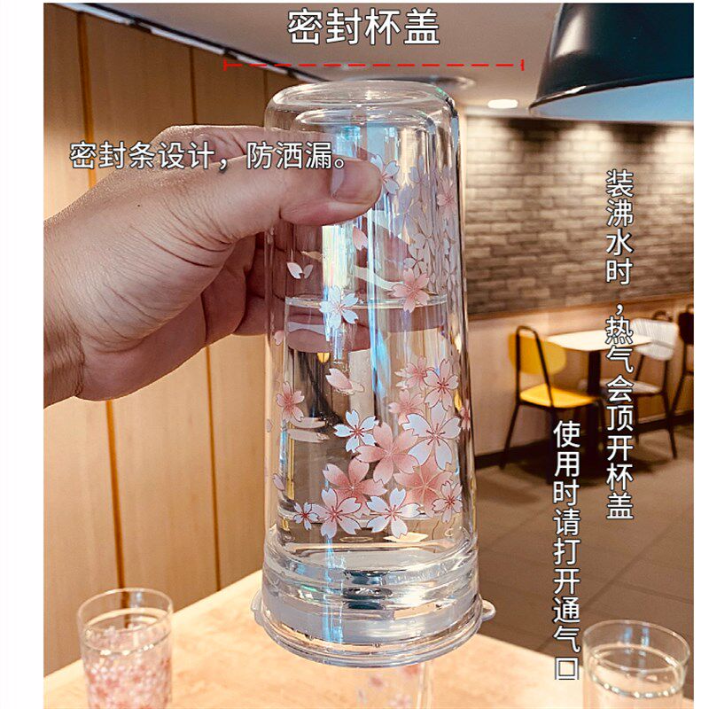 水杯双层玻璃杯带吸管带盖耐热隔热办公室茶杯女日式大容量咖啡杯