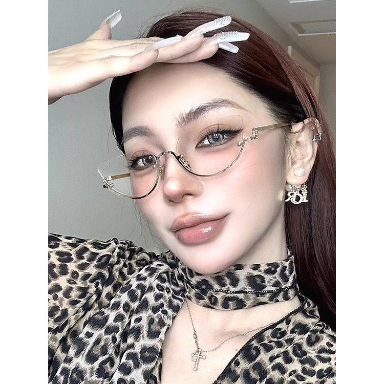 韩版金丝下半框金属眼镜女高智感ins无框防蓝光平光镜架可配度数