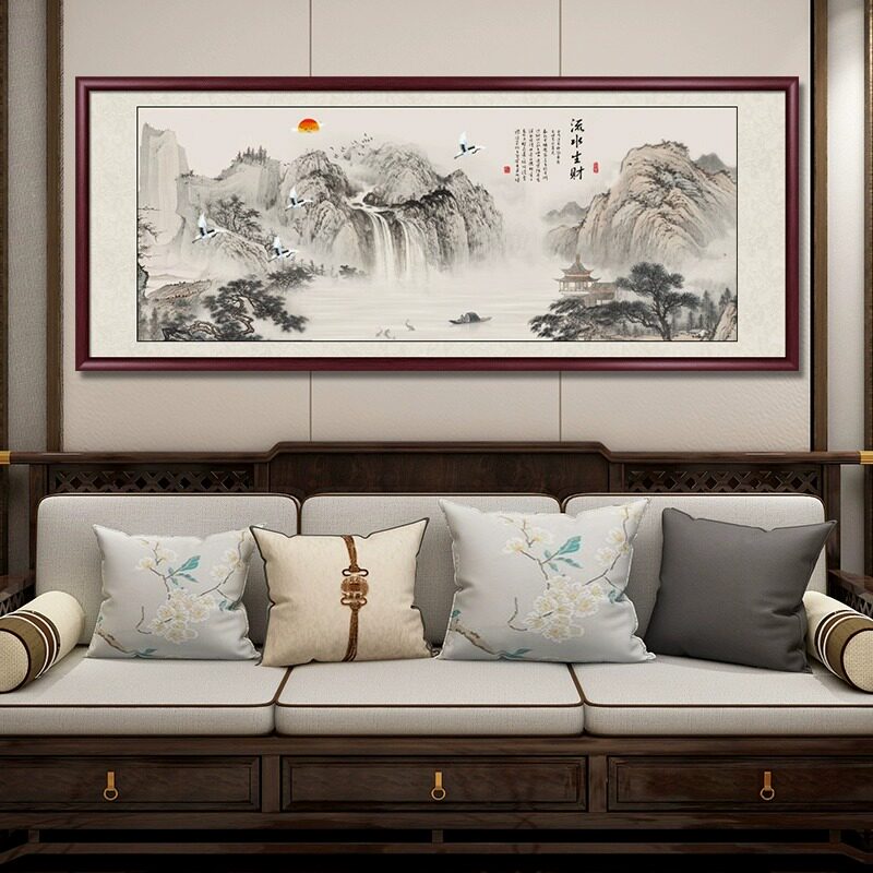 流水生财山水画客厅挂画办公室书房装饰画沙发背景墙画新中式国画