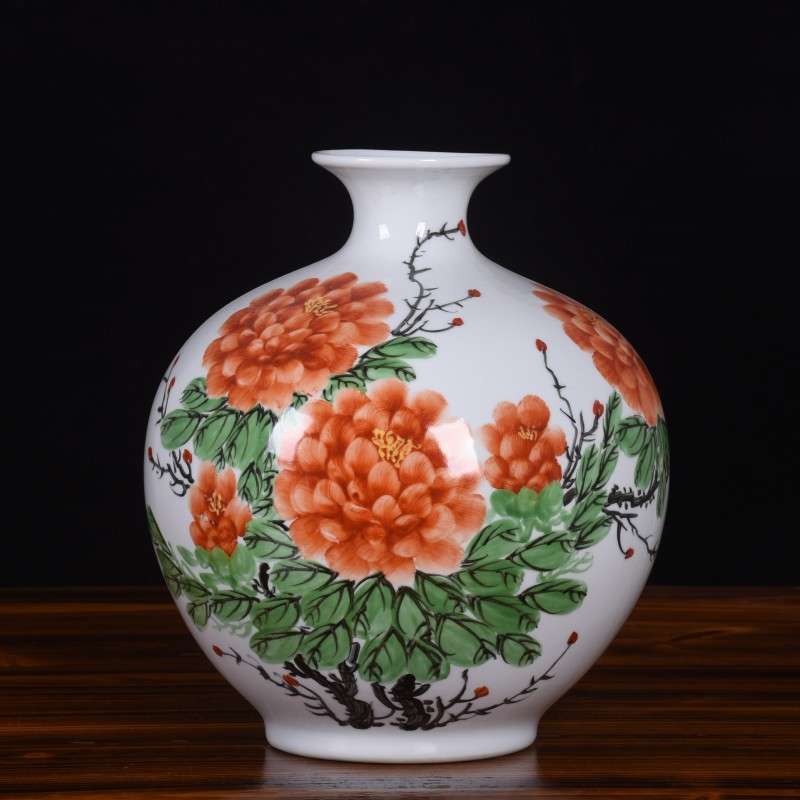 新款手绘牡丹陶瓷花瓶摆件景德镇中式花瓶客厅家居装饰品现货图片