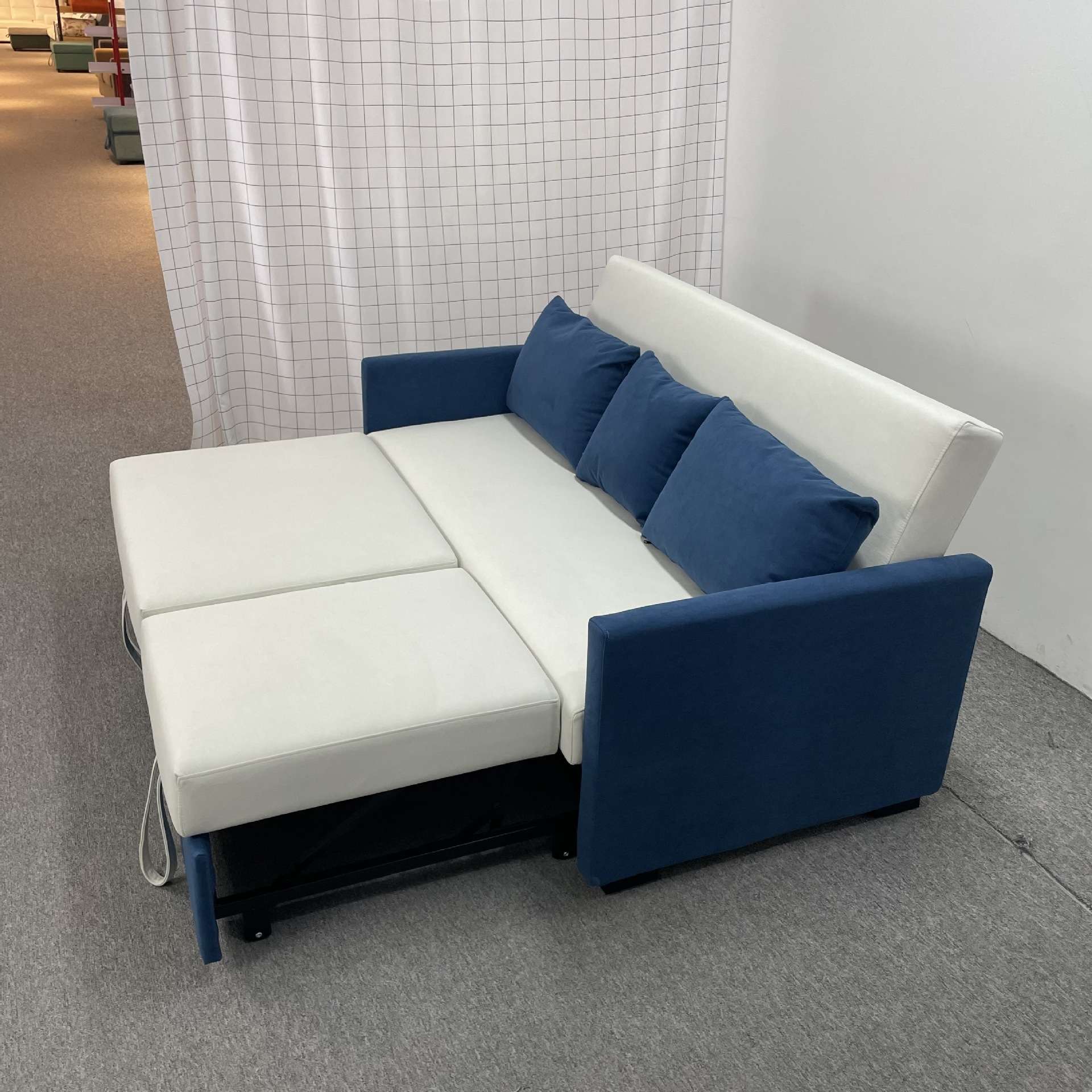 简约米白+蓝色拼色折叠沙发小户型客厅卧室坐卧两用多功能沙发床