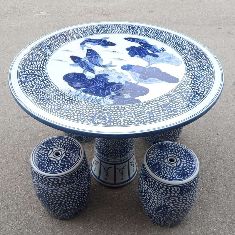 手绘仿古青花瓷陶瓷桌子凳子 户外庭院阳台餐桌花园圆桌套装桌椅