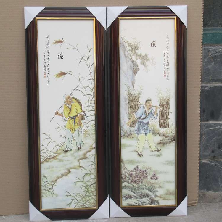 景德镇四条屏瓷板画陶瓷画 渔桥耕读客厅装饰画挂画壁画挂屏