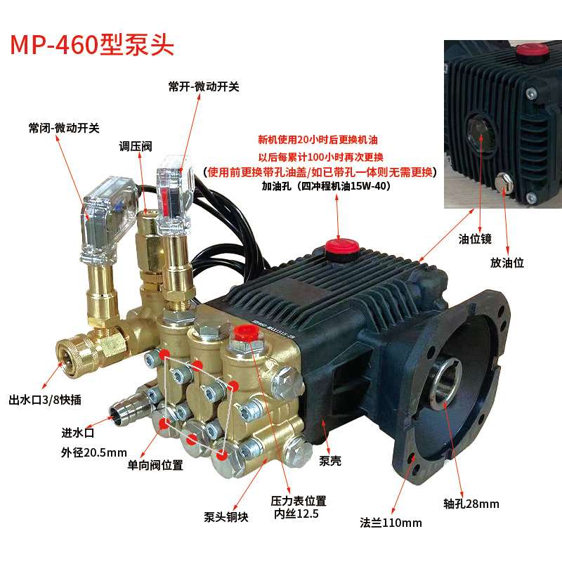 年华虎啸MP-460型泵头高压柱塞泵清洗机机头配件园林造雾28轴1814