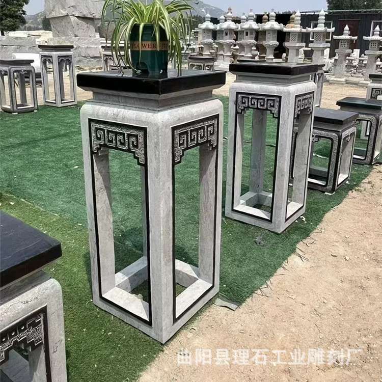 青石花架户外庭院花盆架大理石做旧室内盆景底座曲阳仿古石雕厂家