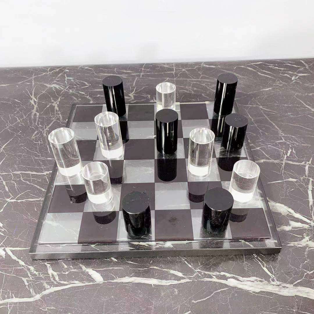 现代水晶玻璃黑白棋子格子棋盘摆件家居客厅玄关电视柜样板间摆饰