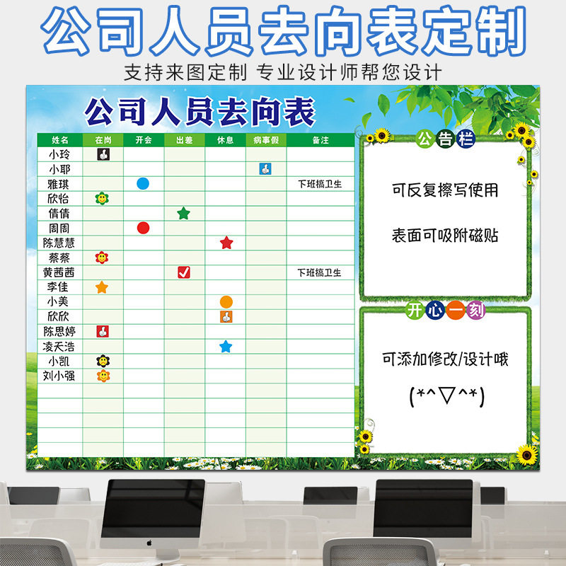 企业办公人员去向公示牌在岗动态考勤表人员去向告示栏可擦写吸磁