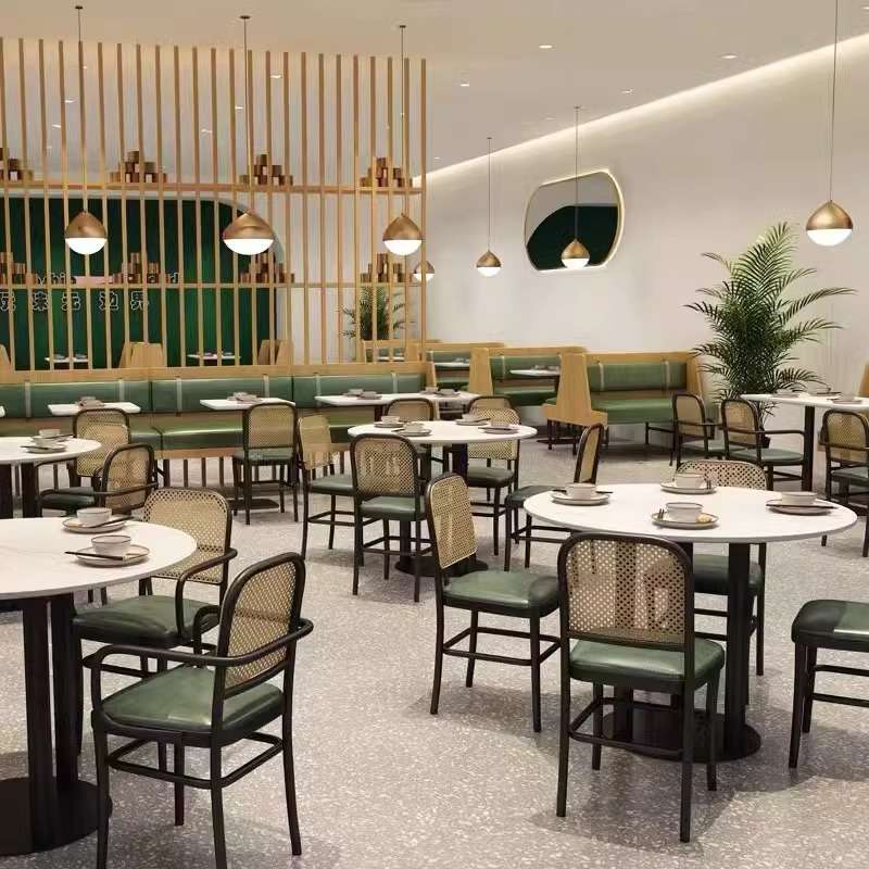 轻奢铁艺西餐厅卡座沙发桌椅工业风奶茶店咖啡厅清吧编藤桌椅组合