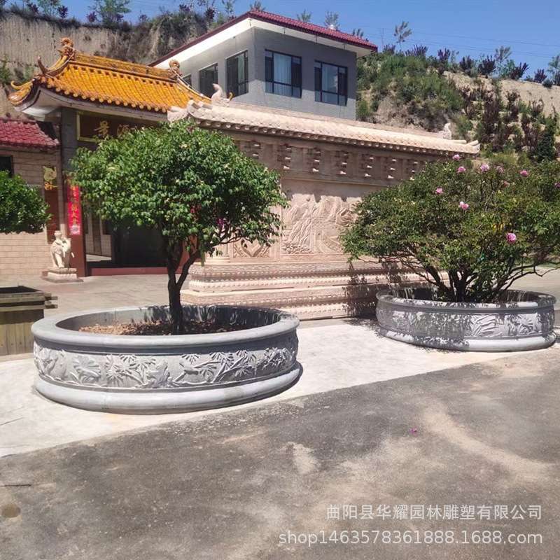石雕汉白玉树池树坑青石带坐凳圆形围边花岗岩石材保护花草树木