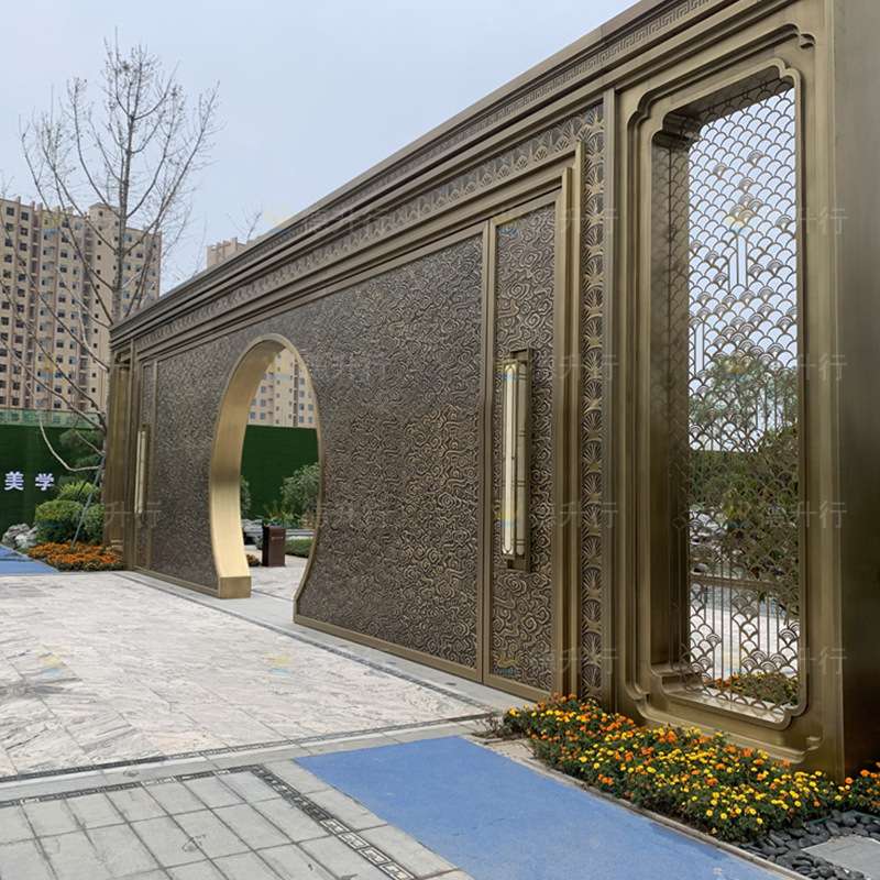 园林景观新中式青古铜不锈钢铝板浮雕月亮门月洞门拱形门屏风隔断