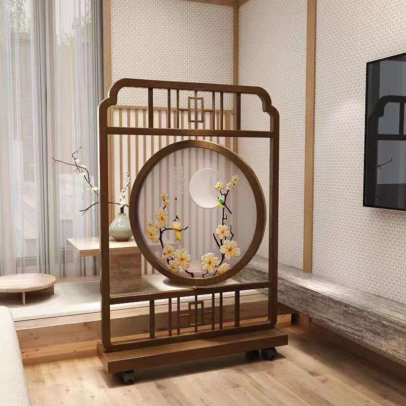 新中式实木屏风客厅入户隔断双面刺绣卧室遮挡装饰现代家用座屏