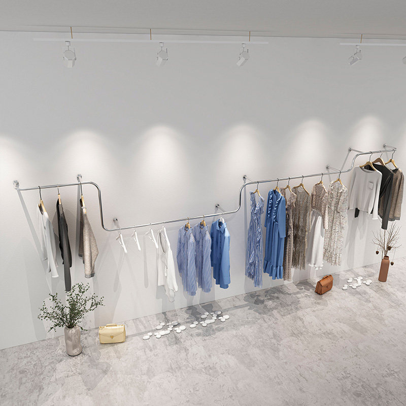 服装展示架女装店上墙壁挂式衣架不锈钢拉丝单杆挂衣杆弧型童装架
