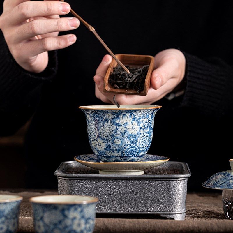 醉饮青花陶瓷三才盖碗大号手抓碗日式禅意茶杯带盖复古泡茶碗