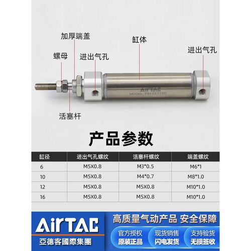 小型迷你笔型气缸PB 6/10/12/16*10X15X20X50X75-80-100-SU