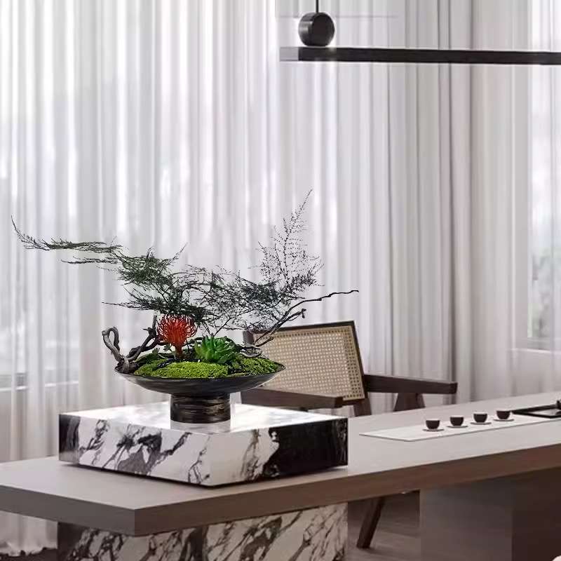 新中式现代酒店餐厅客厅大餐桌仿真花艺干花永生苔藓桌面绿植摆件