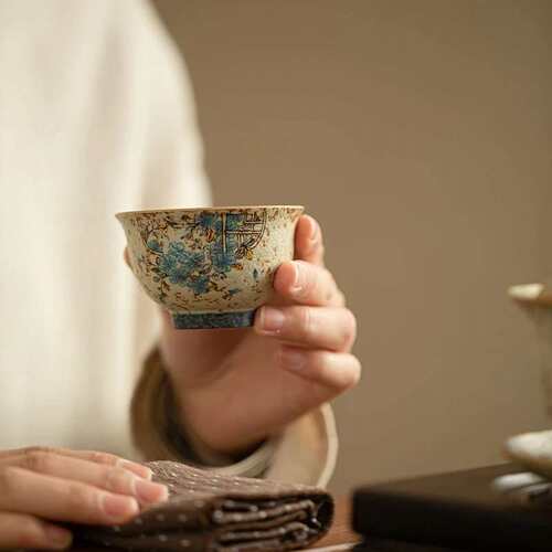 大师手工描金青花粗陶茶杯家用陶瓷高档个人专用主人杯品茗杯单杯