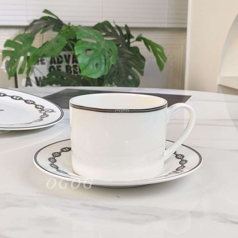 灰色铁链骨瓷牛排糕点西餐盘餐具网红下午茶杯咖啡杯家用简约杯碟