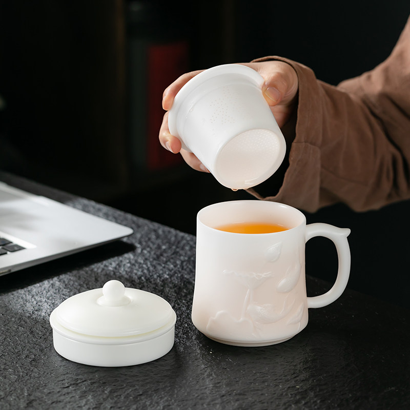冰种白玉瓷办公杯带盖过滤茶水分离骨瓷精品杯陶瓷会议杯水杯定制