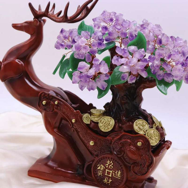一鹿向钱水晶发财树白菜如意葫芦紫黄水晶发财树家居工艺品摆件