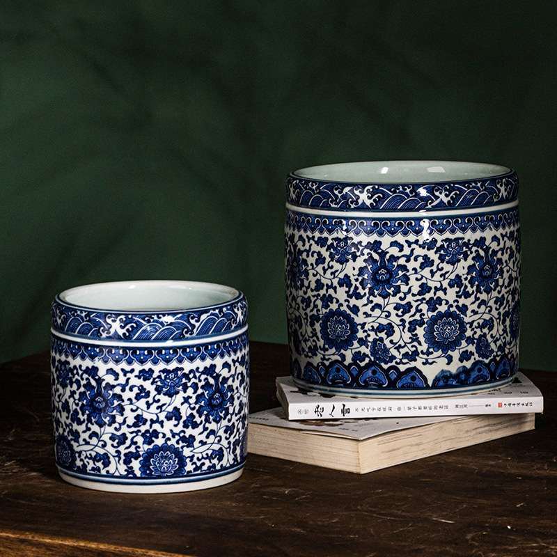 景德镇陶瓷笔筒仿古青花瓷缠枝莲陶瓷器花盆仿古青花瓷花瓶花插