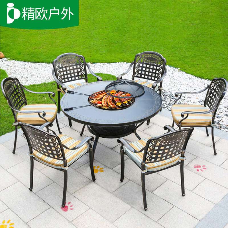 户外烧烤桌庭院烧烤桌子家用铝合金别墅室外餐桌碳烤休闲铸铝桌椅
