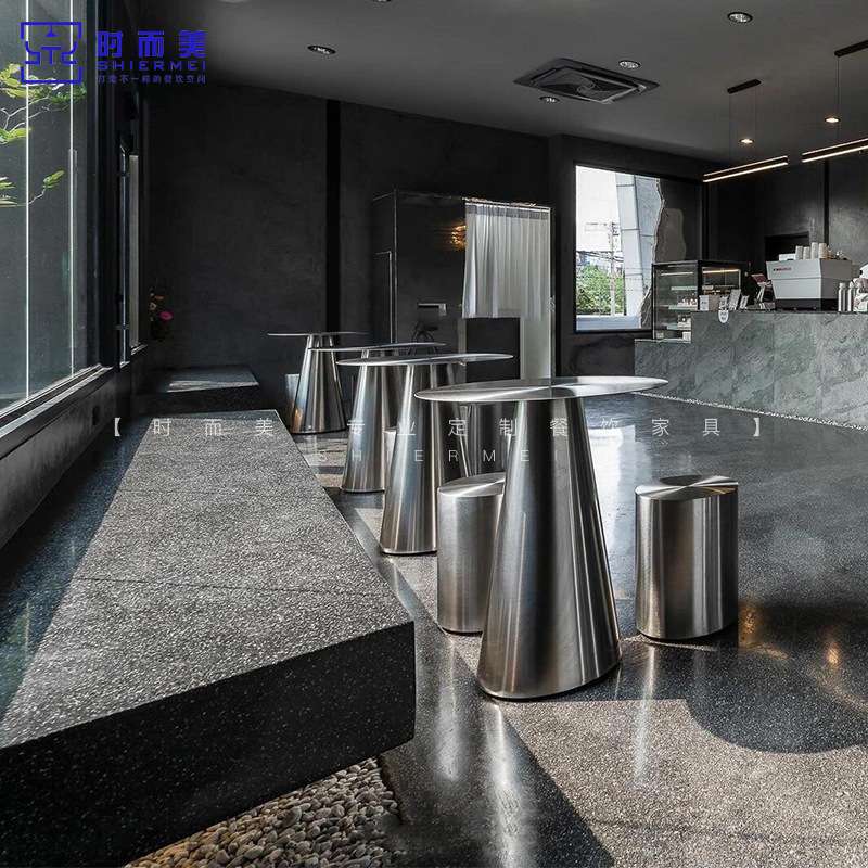 网红奶茶甜品店桌椅组合工业风咖啡厅水吧休闲区创意不锈钢圆凳子