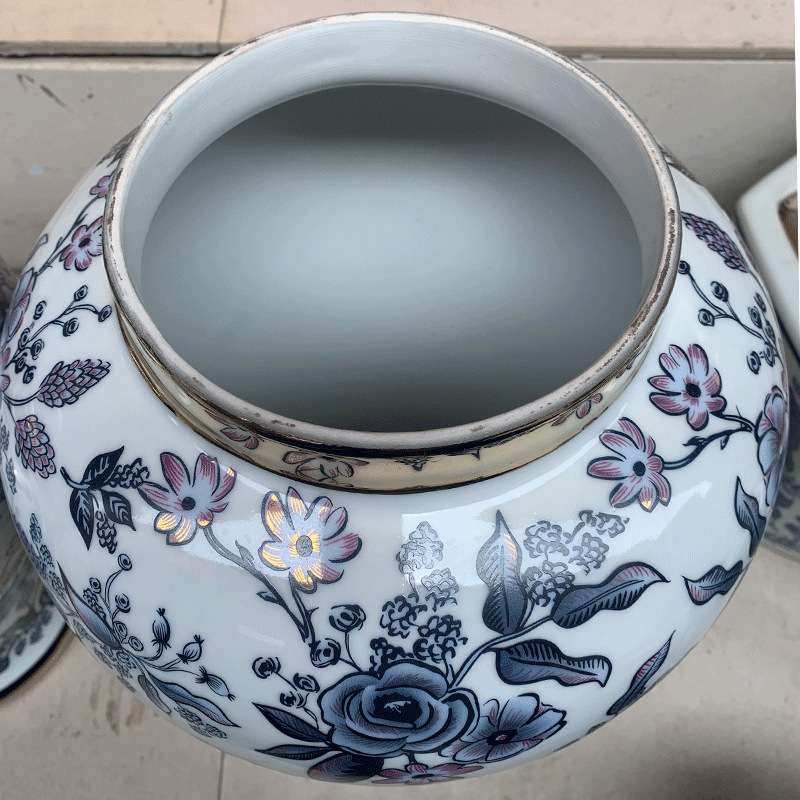 水青花瓷描金陶瓷花瓶大口径北欧桌面客厅装饰储物罐摆件插花器皿
