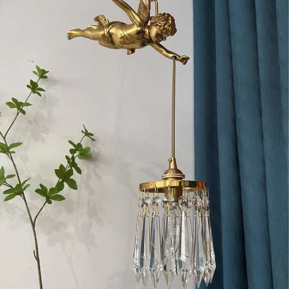 法式吊灯全铜复古天使水晶灯卧室床头Vintage中古餐厅玄关小吊灯