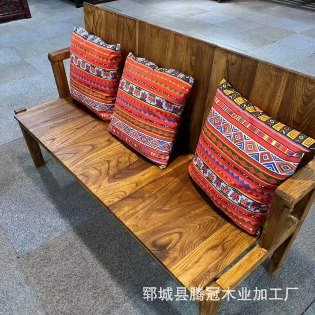 实木民谣集桌椅组合沙发椅子咖啡厅长方形卡座桌子老榆木餐桌