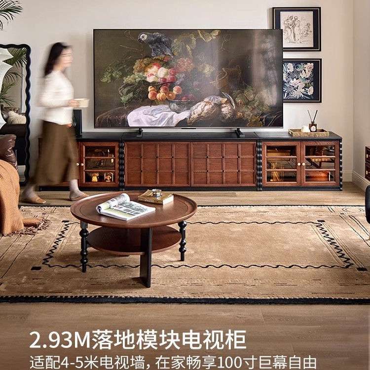 全实木棋盘格柜法式复古电视柜家用储物柜多功能落地柜子置物柜