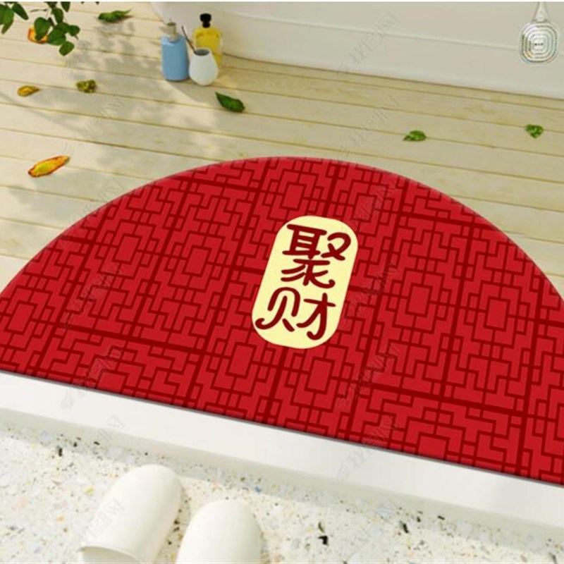 红色年半圆形水晶绒地毯新年地垫入户门开门红广告地垫门垫吸水垫图片