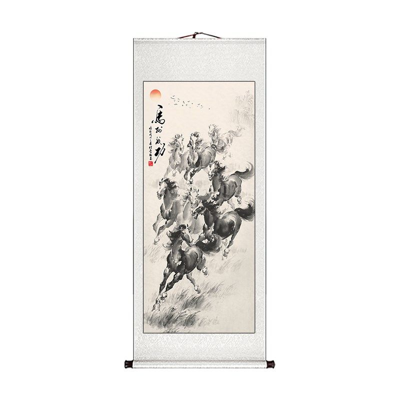 八骏图马到成功字画卷轴挂画新中式玄关客厅墙装饰骏马图书房壁画