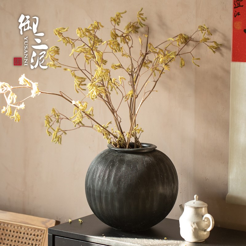 粗陶花器月亮罐景德镇陶瓷瓶禅意装饰品雕刻新中式干花水插花花瓶