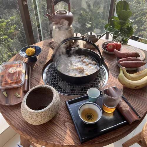 户外实木围炉冰茶桌子商用一体电磁炉榆木韩式复古圆形烤肉火锅桌