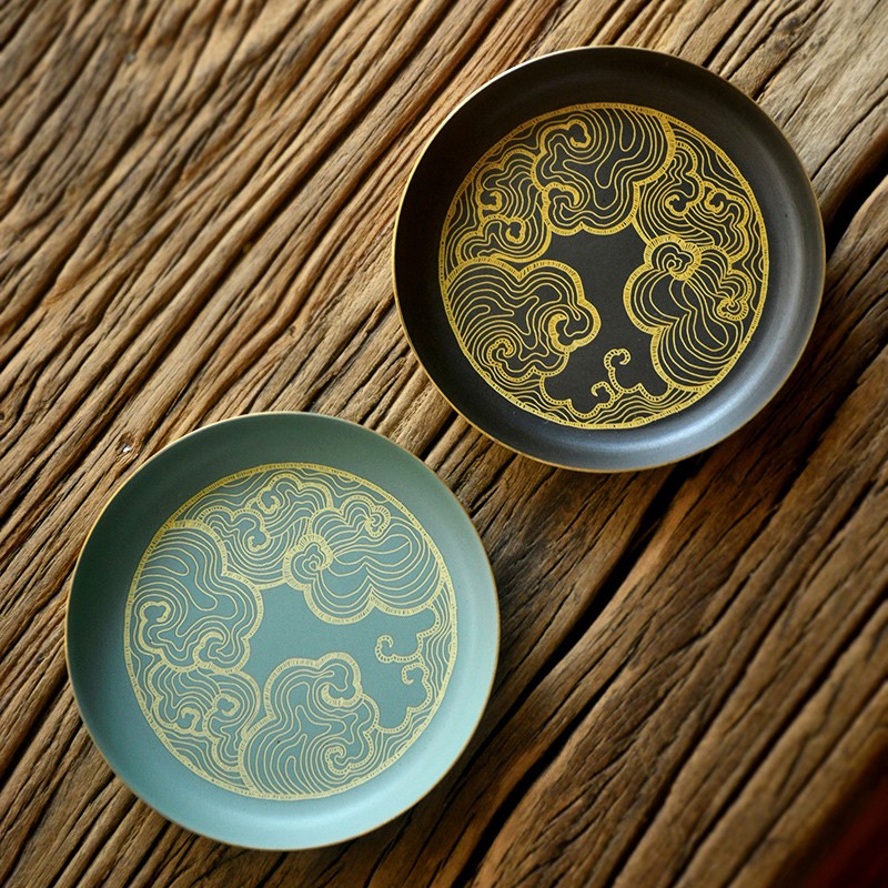 黄铜茶杯垫家用圆形大号杯托功夫茶具隔热垫瓷釉烧铜创意茶杯垫子