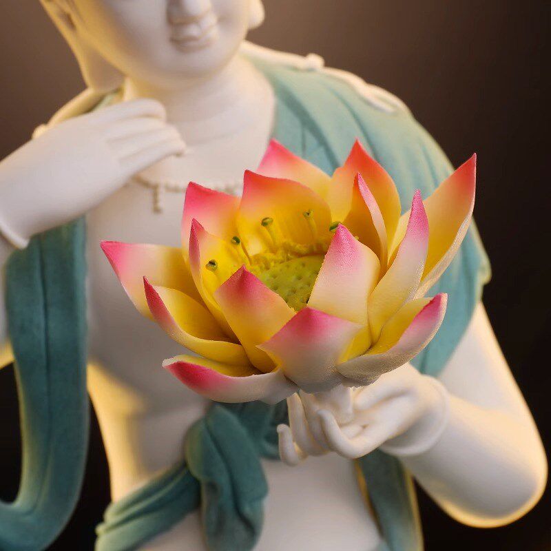 陶瓷水月自在观音佛像工艺品新中式禅意灯圈摆件客厅玄关家居装饰
