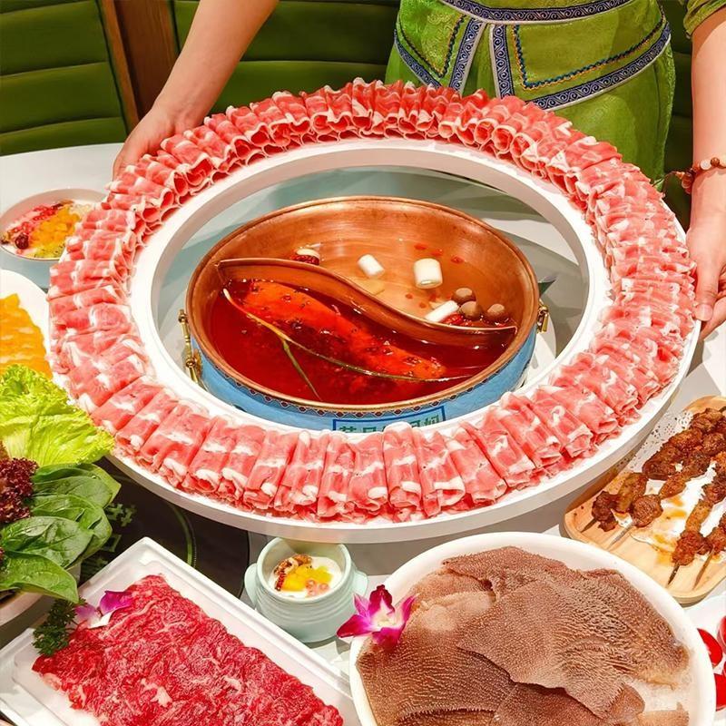 创意火锅呼啦圈肥牛卷羊肉盘网红特色密胺餐具铜锅涮肉围脖大圆盘