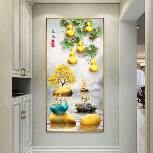 网红新中式入户玄关画鹿客厅装饰画五福临门葫芦壁画时来运转走廊
