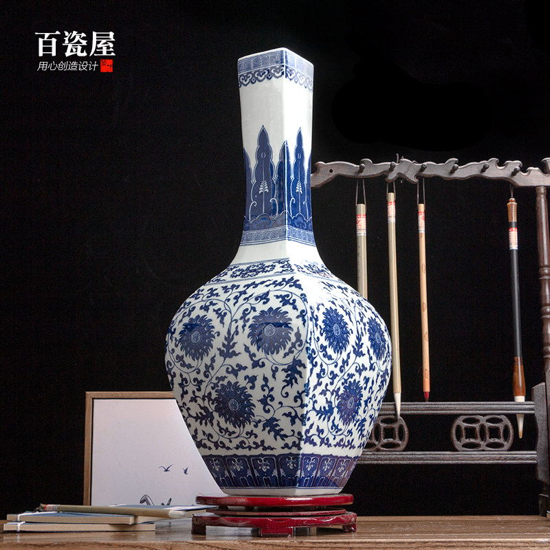 新中式四方长颈瓶陶瓷花瓶客厅玄关博古架电视柜装饰品青花瓷摆件