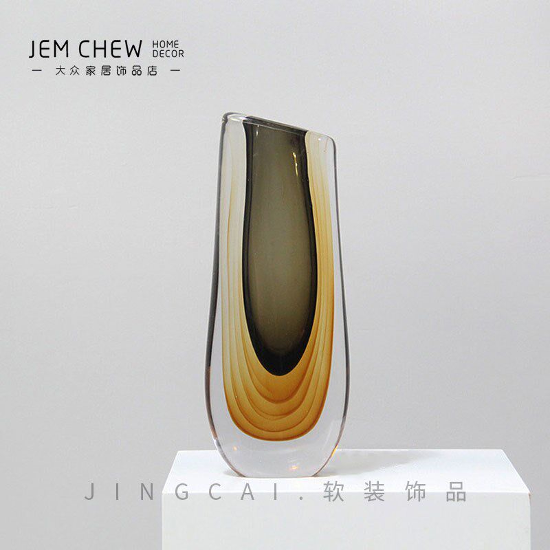 北欧轻奢黄色定制款琉璃加厚玻璃水培创意插花样板间售楼软装摆件
