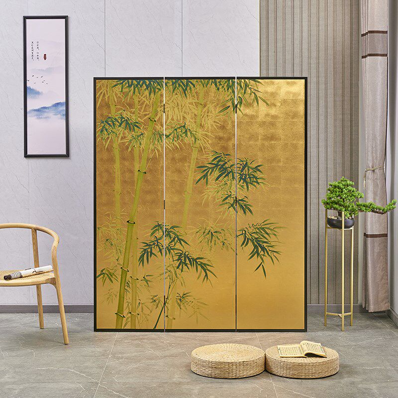 纯手绘金箔屏风漆画隔断客厅卧室餐厅酒店玄关竹子折叠移动可遮挡