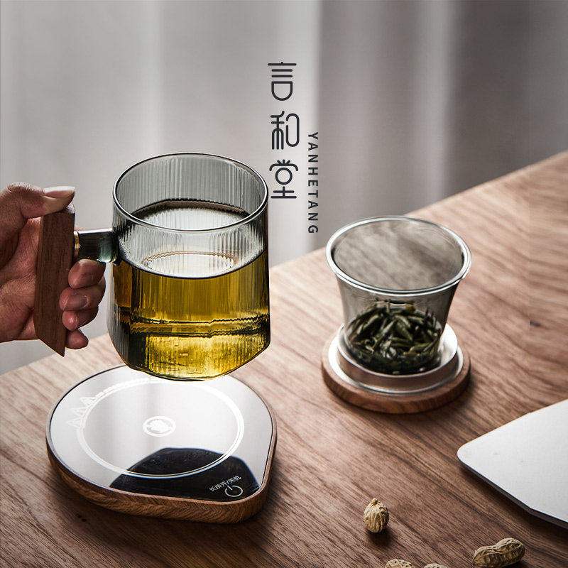 玻璃杯茶杯办公室泡茶杯茶水分离恒温杯垫加热神器保温底座暖暖杯