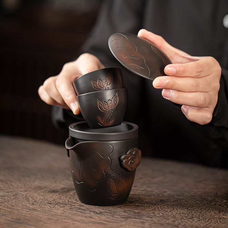 蕴华堂 清溪紫陶户外露营陶瓷快客杯一壶两杯旅行茶具套装便携式